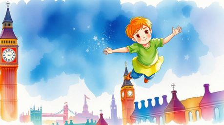 A captivating watercolor painting depicts a young boy soaring above London, propelled by magical pixie dust. The artwork boas
