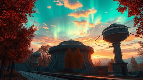 An epic, cinematic scene depicting a futuristic cityscape bathed in the warm glow of an autumn sunset.  The majestic Northern