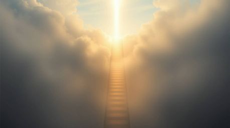 Experience a divine and ethereal atmosphere shrouded in thick fog.  A golden staircase ascends through swirling clouds toward