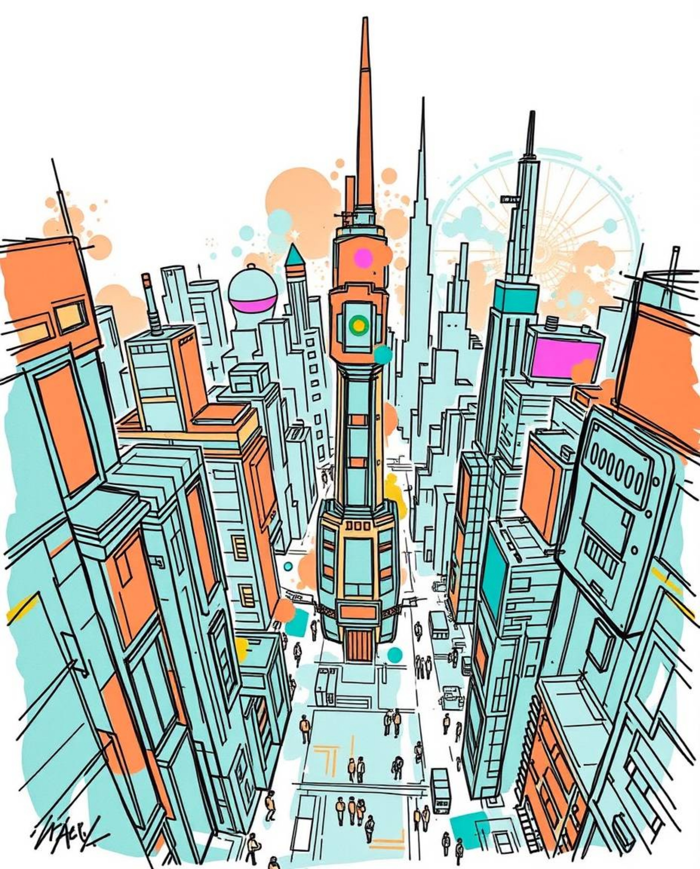 This hand-drawn sketch, rendered in a sketchnote style, showcases a vibrant cyberpunk cityscape from a high-angle perspective
