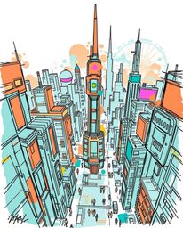 This hand-drawn sketch, rendered in a sketchnote style, showcases a vibrant cyberpunk cityscape from a high-angle perspective