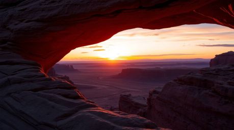 A breathtaking sunset captured through a desert rock arch, showcasing vibrant bioluminescent colors and dramatic lighting eff