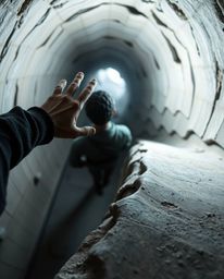 A captivating high-angle shot depicts sculptural clay art featuring a person with weathered hands and dark clothing standing 
