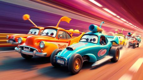 Experience the thrill of a dynamic and motion-filled wacky racing scene featuring outlandish cars. This vibrant image showcas