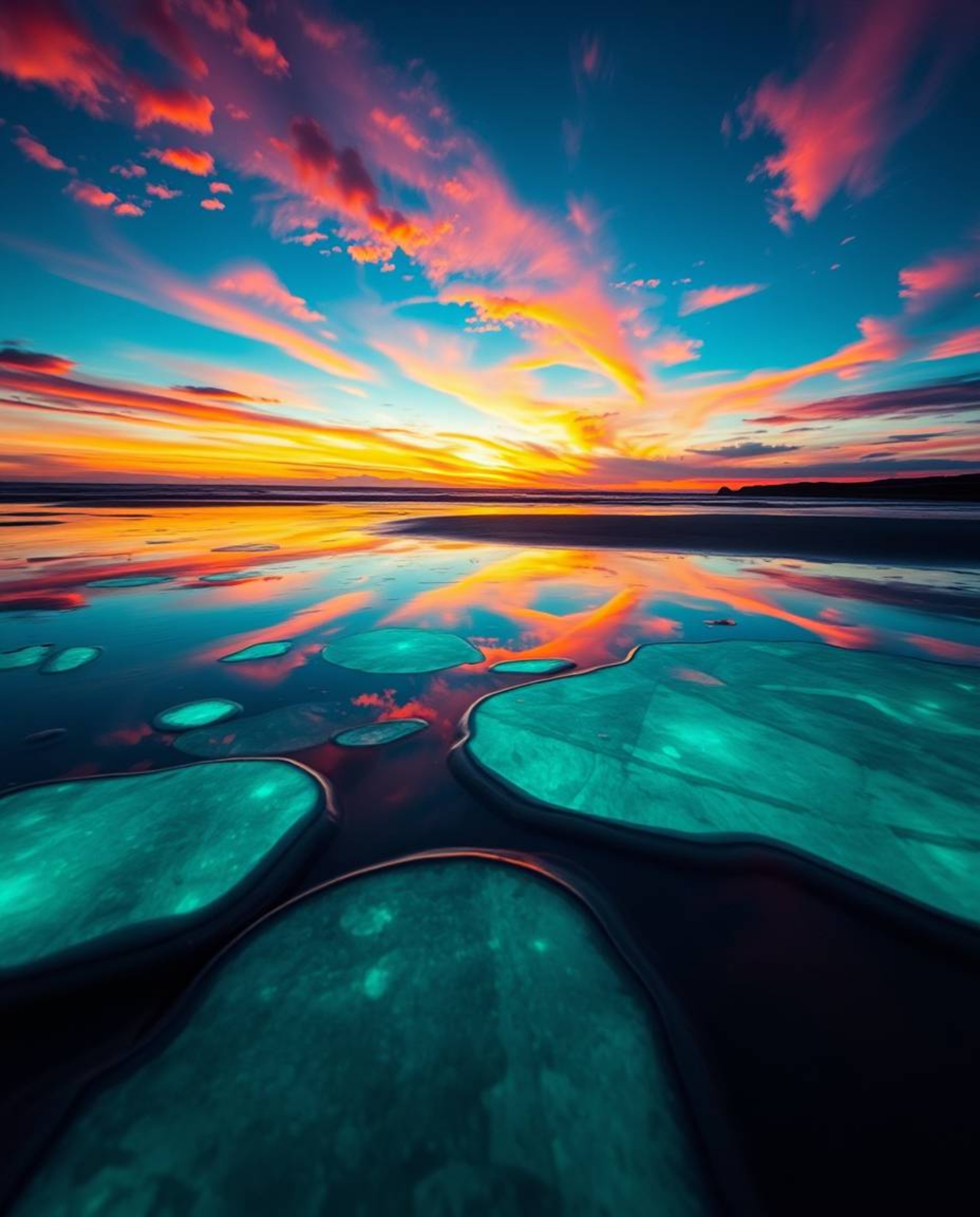 A vibrant and luxurious image depicts a sunset sky mirrored in tidal pools on a beach. The scene is brought to life with glow