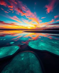 A vibrant and luxurious image depicts a sunset sky mirrored in tidal pools on a beach. The scene is brought to life with glow