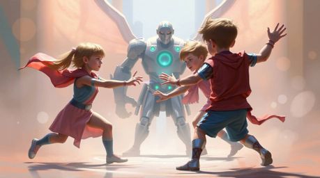 A captivating digital painting depicts three superpowered children with iridescent skin engaged in a fierce battle against a 