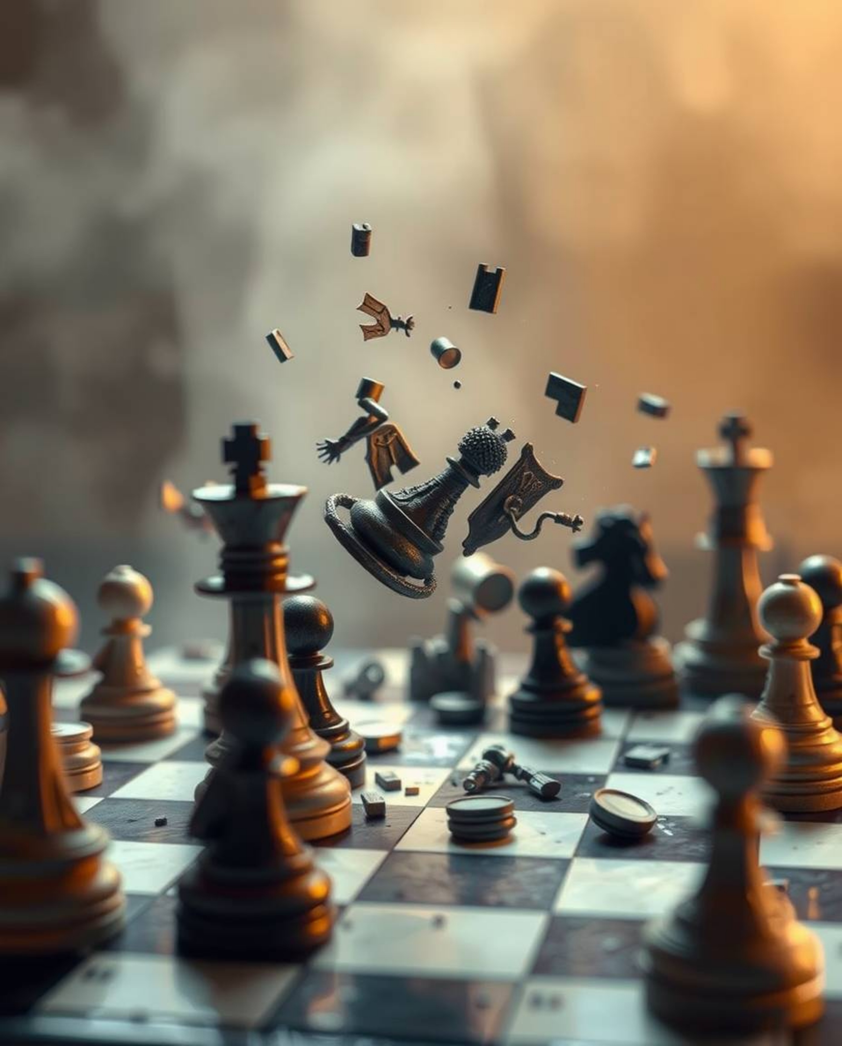 This artwork features a chessboard crafted from layered papier-mâché, depicting a scene of frozen destruction with chess piec