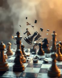 This artwork features a chessboard crafted from layered papier-mâché, depicting a scene of frozen destruction with chess piec