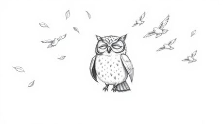 A heartwarming hand-drawn pencil sketch depicts a blind owl, rendered in Pixar's signature style, passionately teaching a flo