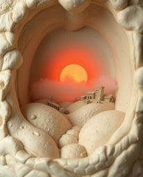 Ethereal spiritual sculptural clay art depicting sunset over misty Tuscan hills, modeled textured shapes, light aura, mystica