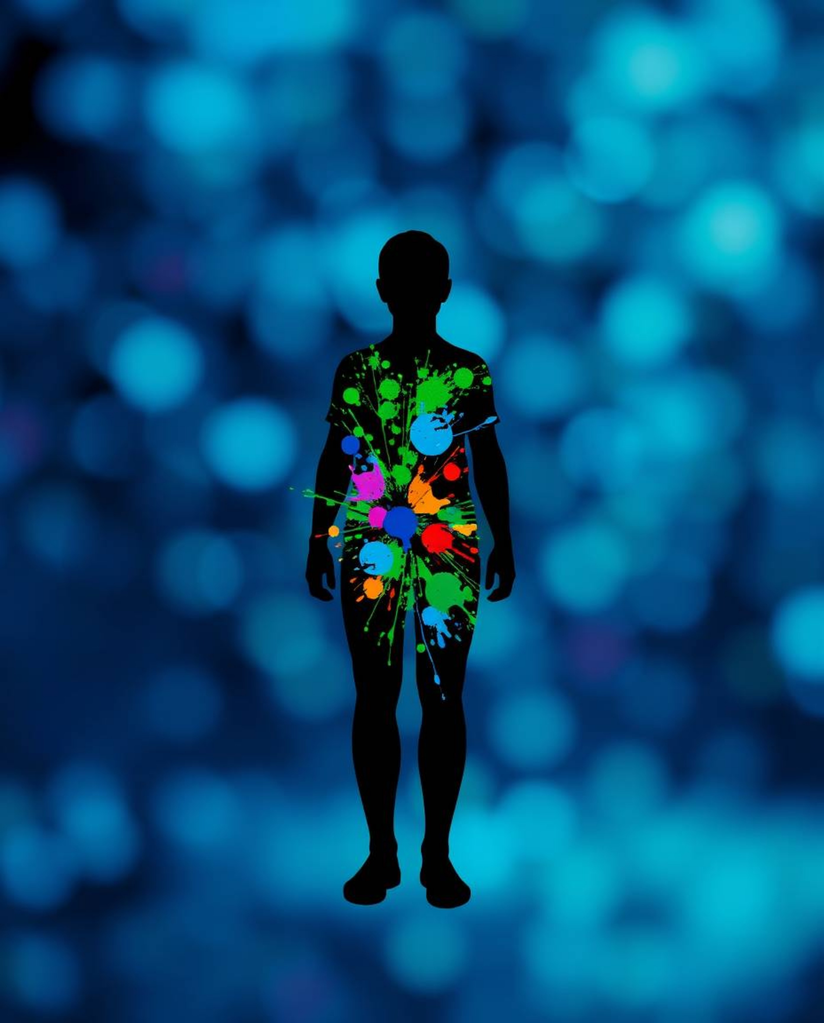 This cool-toned artwork features a blurred bokeh effect creating a soft background of blues, greens, and purples. A human sil