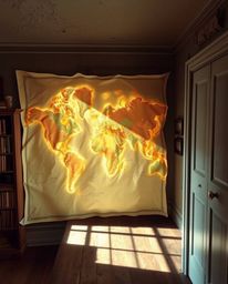 A glowing map, seemingly projected into the air of an old study, evokes a mystical feeling with its ethereal spiritual vibe. 