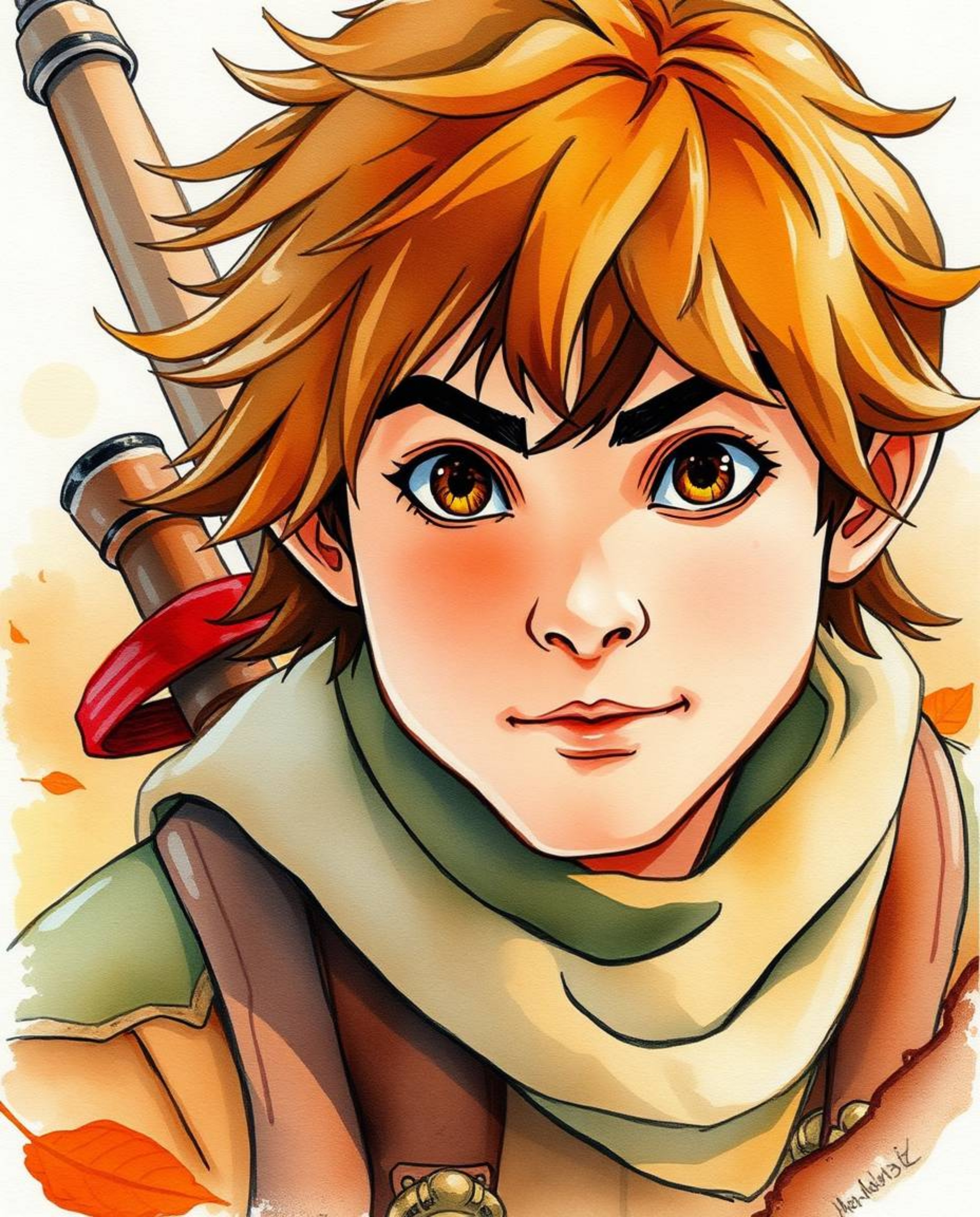 A brave hero embarks on a Disney-style desert adventure, captured in a delicate watercolor painting. The artwork features wa