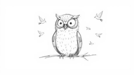 A hand-drawn sketch in the style of Pixar depicts a blind owl with a soft, feathery texture, calmly perched as small birds fl