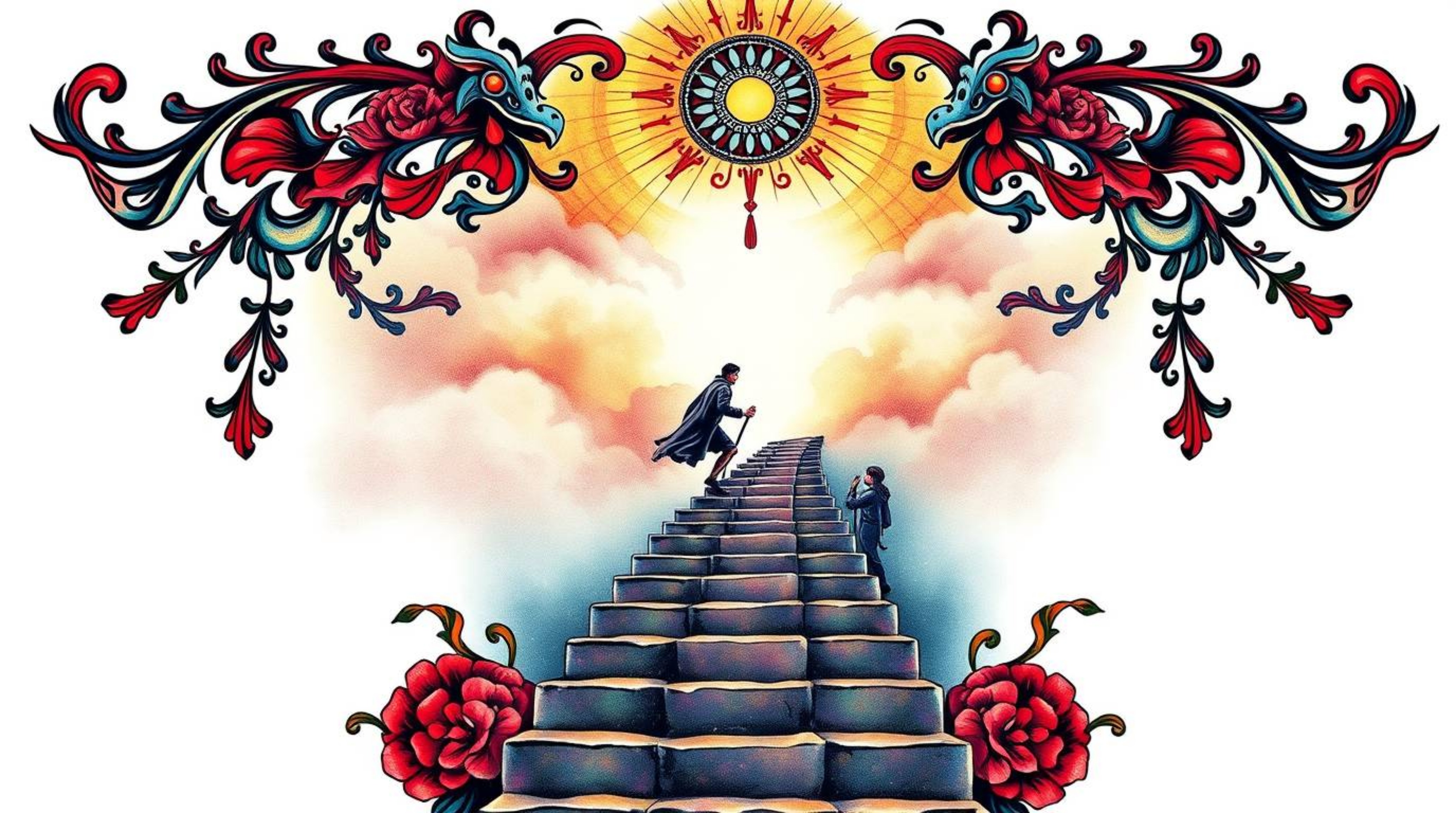 This traditional tattoo art print depicts a lone figure climbing a stone staircase towards a divine beam of light. The scene 