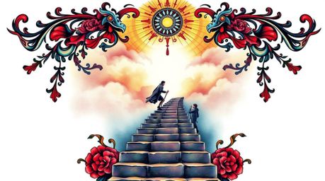 This traditional tattoo art print depicts a lone figure climbing a stone staircase towards a divine beam of light. The scene 