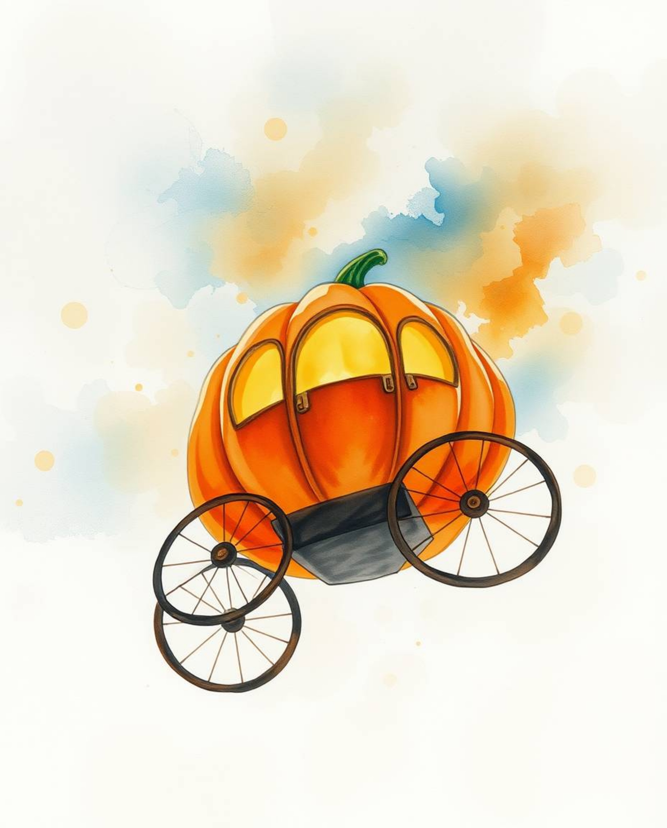 A captivating watercolor painting depicts a magical pumpkin transforming into a carriage.  The artwork showcases delicate, tr