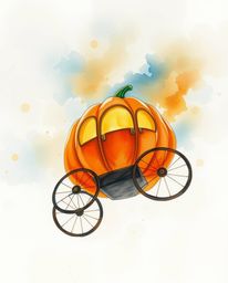 A captivating watercolor painting depicts a magical pumpkin transforming into a carriage.  The artwork showcases delicate, tr