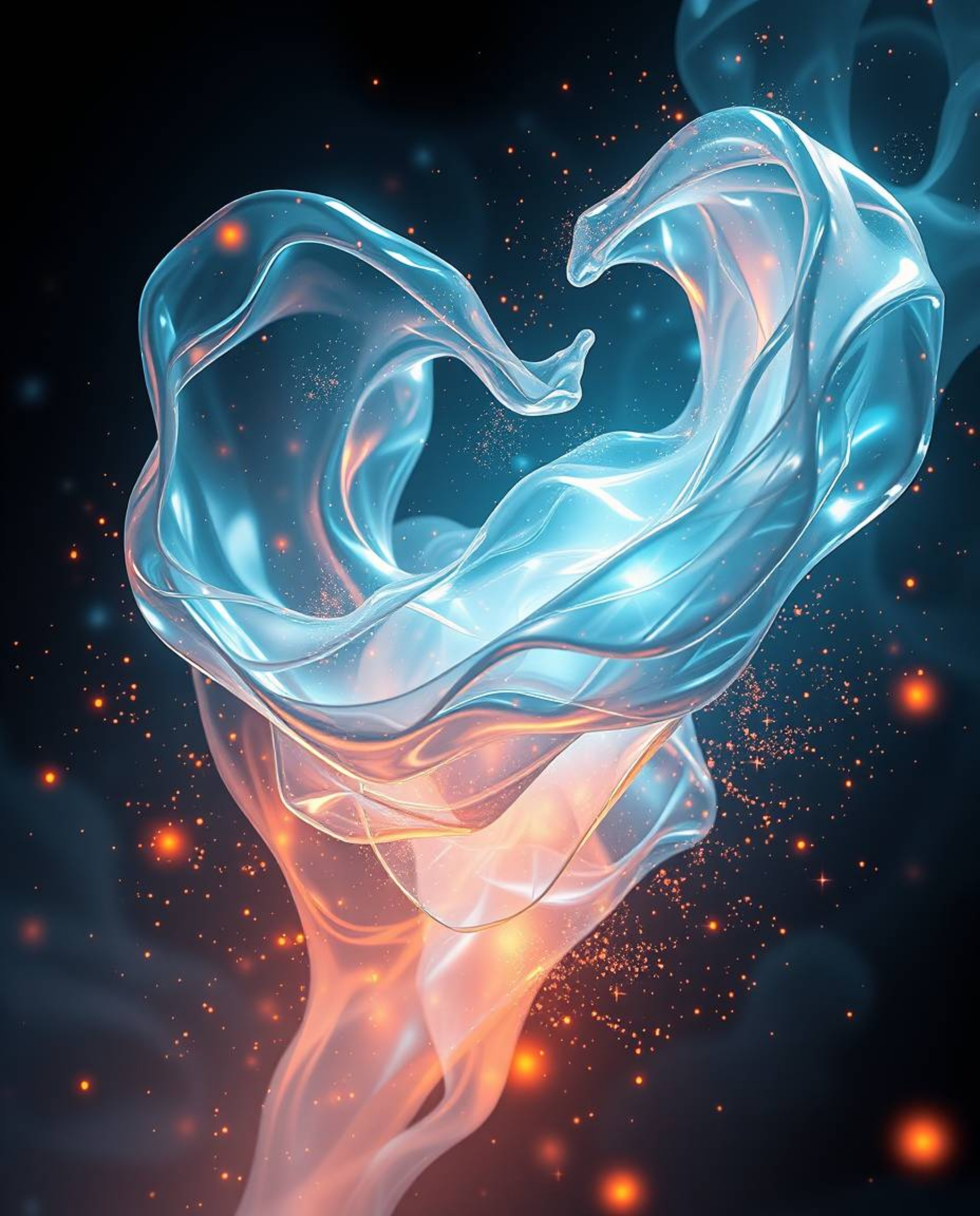 Explore a captivating digital painting featuring intense dramatic lighting and an ethereal spiritual vibe. Glassy, fluid 3D s
