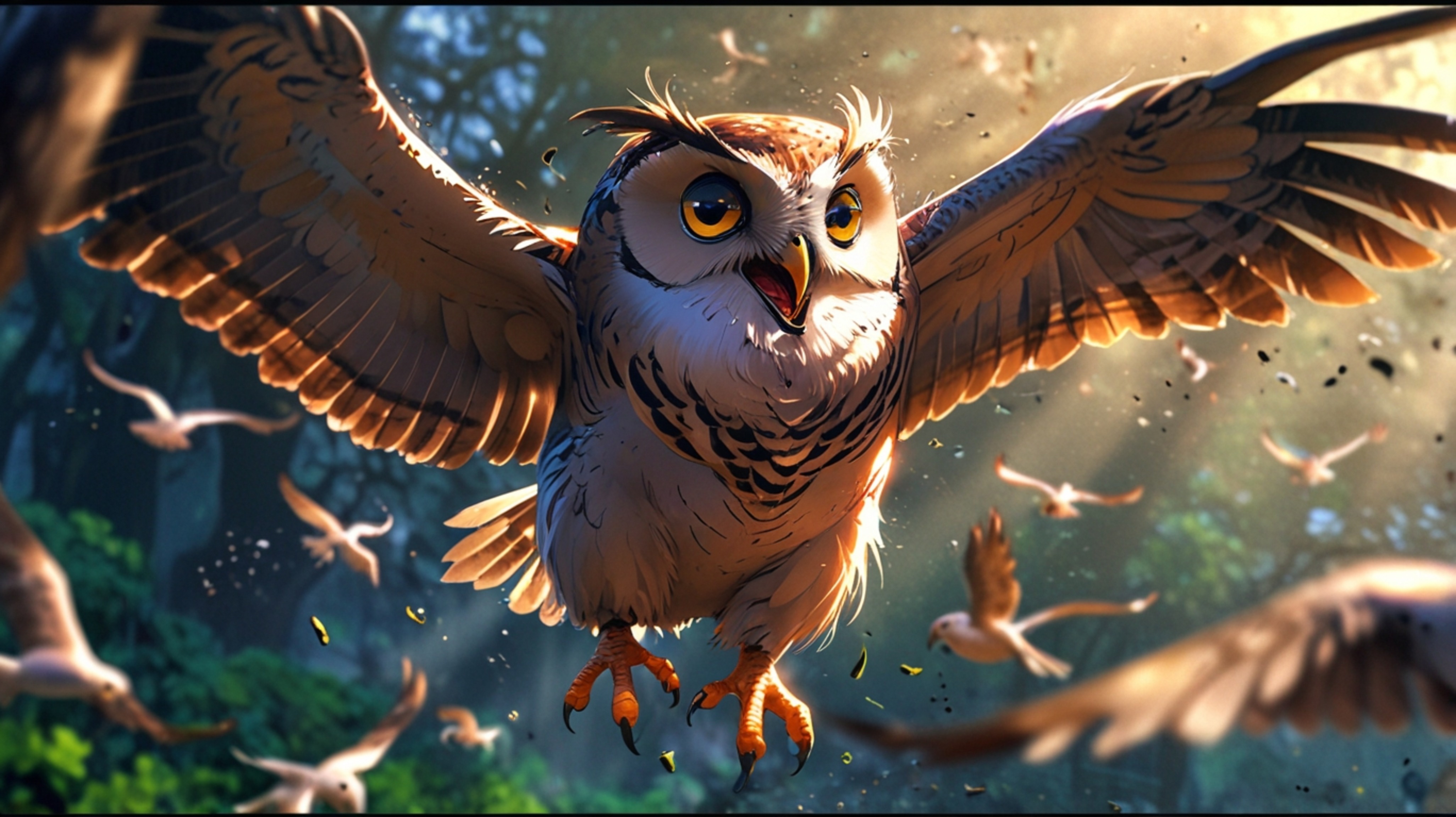 In a magical and uplifting mid-air scene, created with the heartwarming style of Pixar and the dynamic energy of anime, a wis