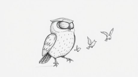 A textured pencil sketch showcases a blind owl with subtly detailed feathers, patiently guiding several small birds in flight