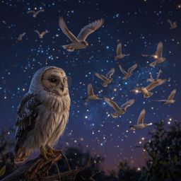 A whimsical and elegant high-fashion photography captures a blind owl, reminiscent of Pixar animation, perched on a branch ov