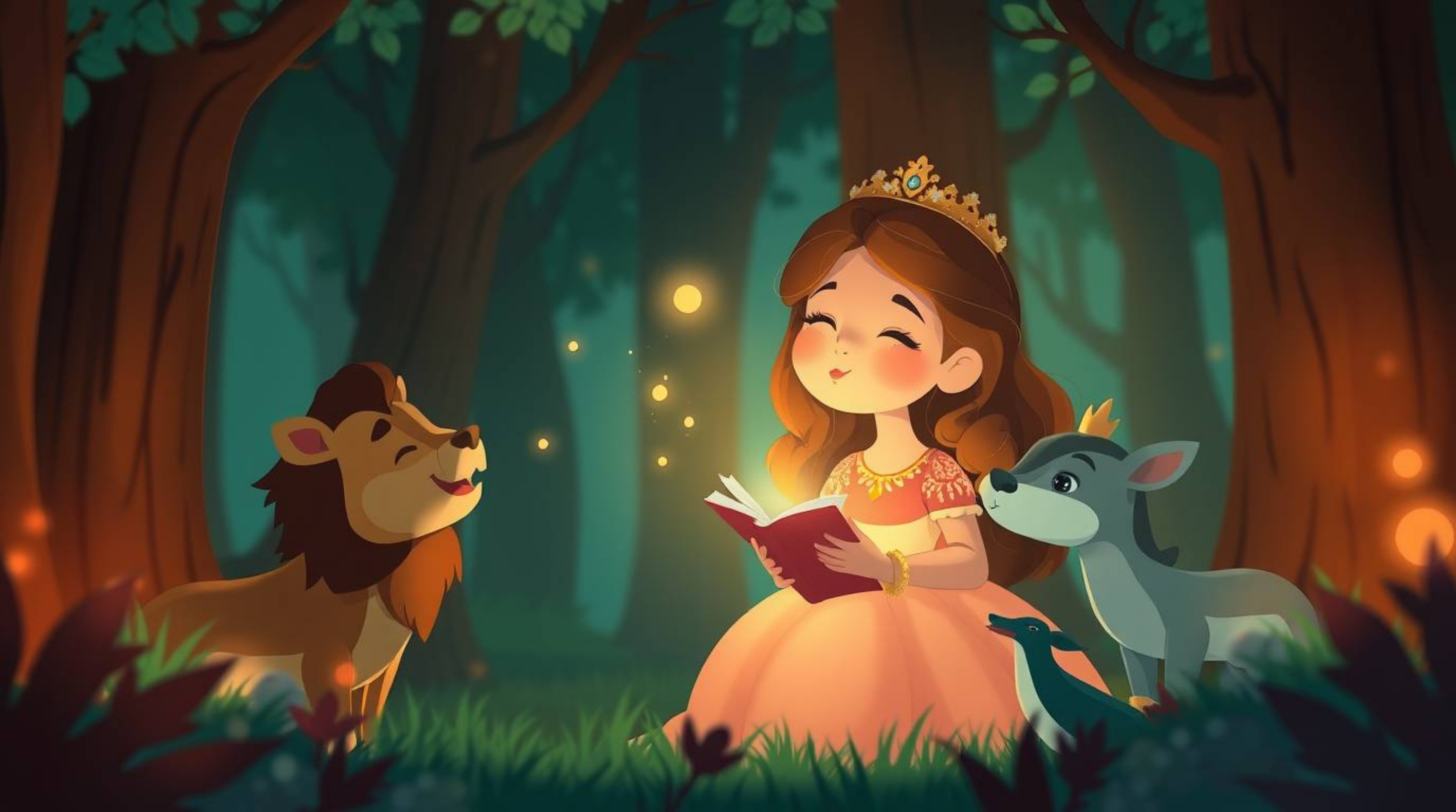 A charming princess enchants a forest teeming with animals in a vintage 2D animated scene, brought to life with a captivating