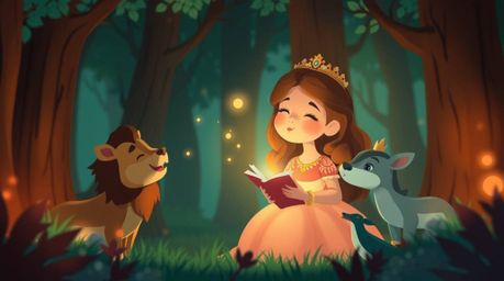 A charming princess enchants a forest teeming with animals in a vintage 2D animated scene, brought to life with a captivating