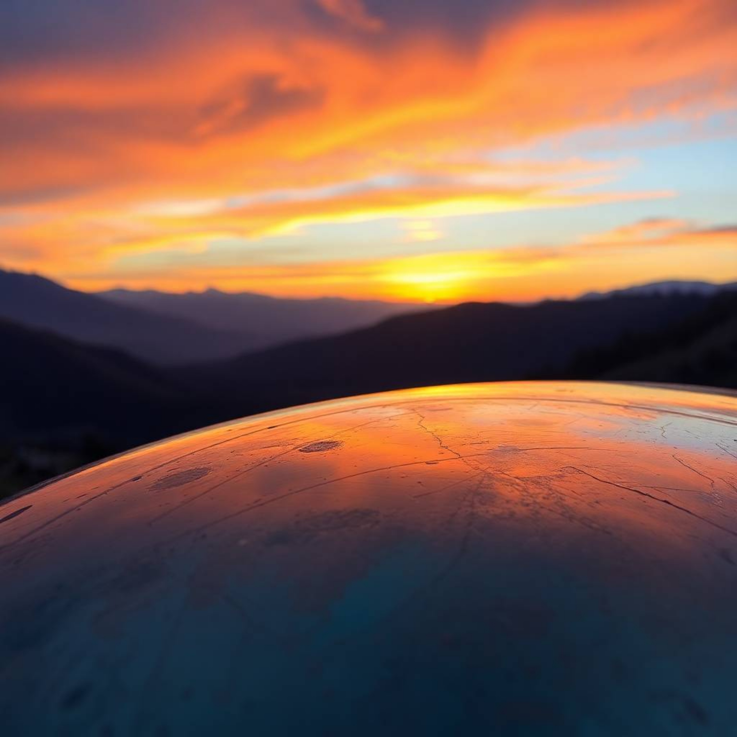 Experience the breathtaking beauty of a sunset over a serene mountain valley, reflected on a stunning iridescent cast bronze 