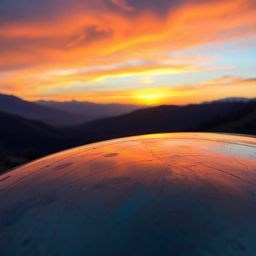 Experience the breathtaking beauty of a sunset over a serene mountain valley, reflected on a stunning iridescent cast bronze 
