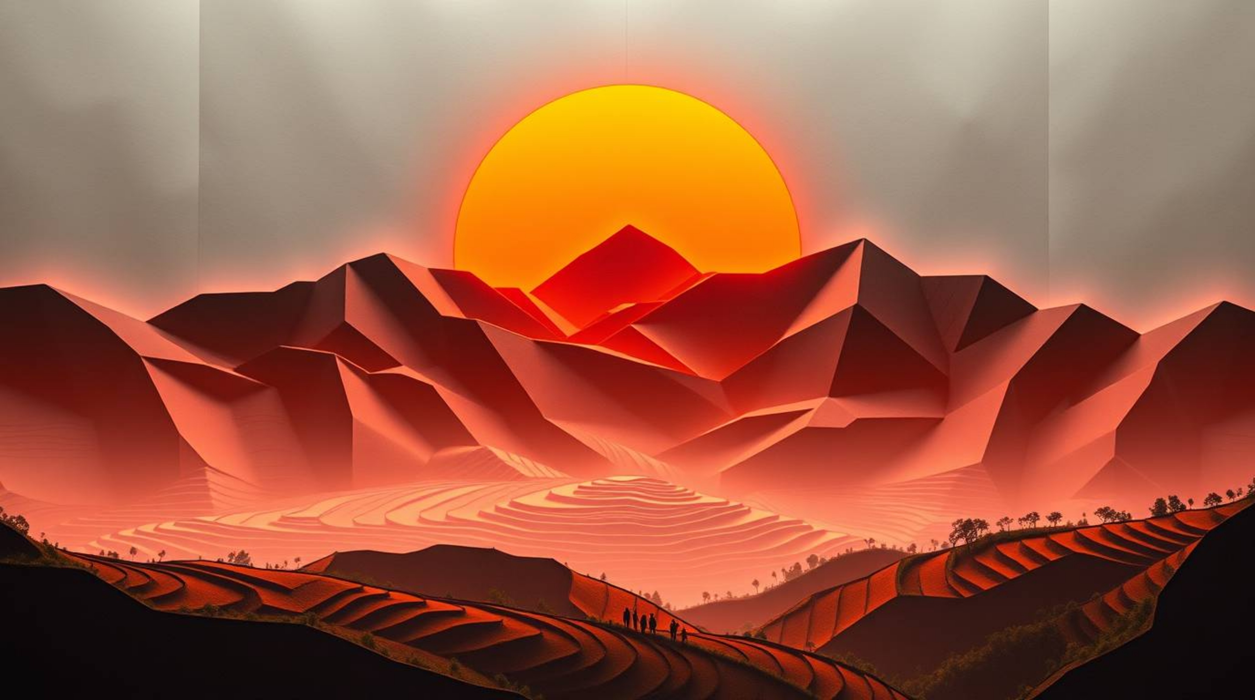 Experience the breathtaking beauty of a sunset over mountainous rice terraces, captured in intricate origami style. This artw