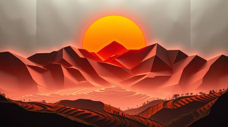 Experience the breathtaking beauty of a sunset over mountainous rice terraces, captured in intricate origami style. This artw