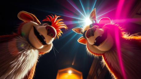 A high-angle perspective captures a duo of mischievous talking animals bathed in the glow of a bright lens flare. Vibrant col