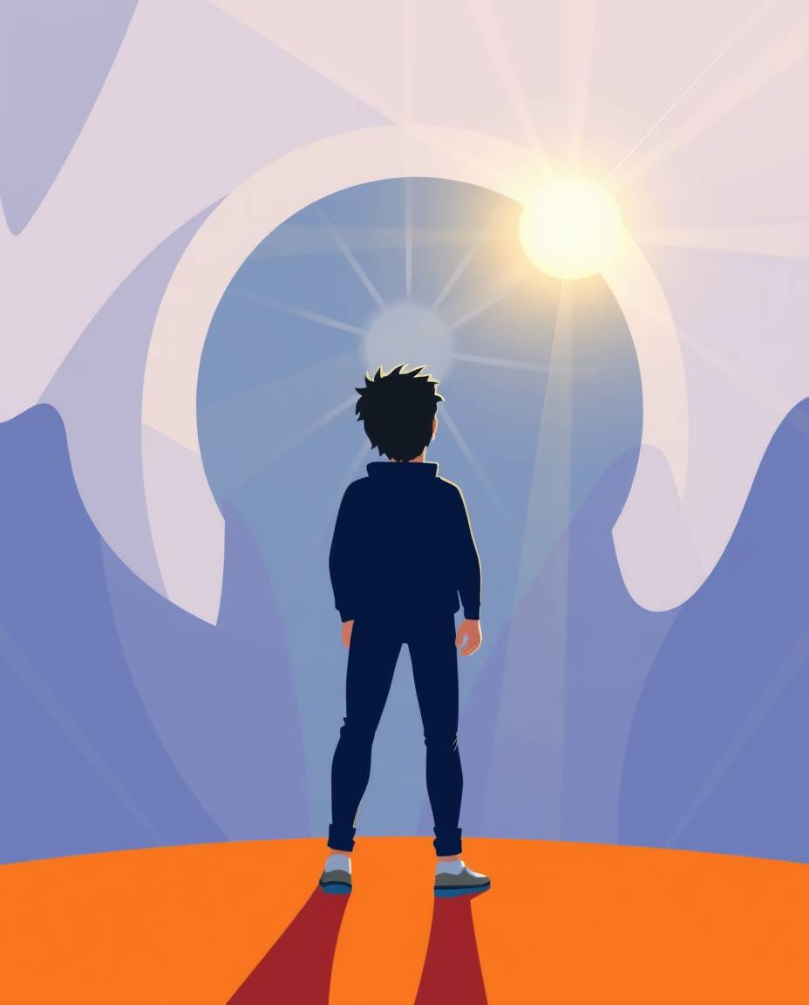 A vibrant, modern flat design illustration showcases a stylized person standing at a tunnel's entrance, gazing towards a radi