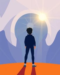 A vibrant, modern flat design illustration showcases a stylized person standing at a tunnel's entrance, gazing towards a radi