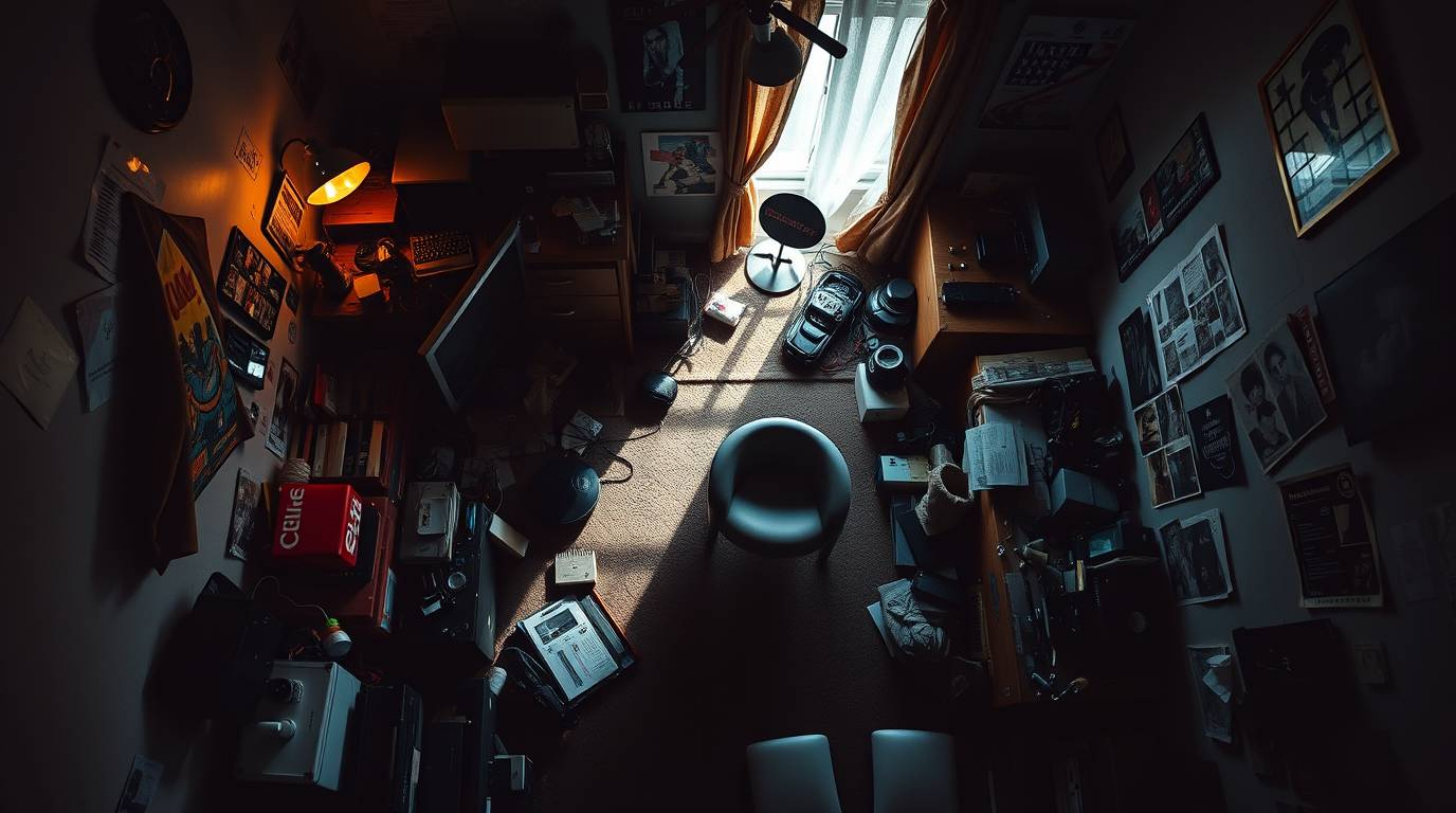 A dramatic bird's-eye view silhouette showcases a messy bedroom cluttered with various gadgets and posters. The backlit scene