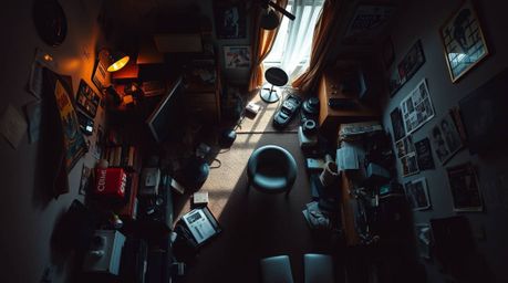 A dramatic bird's-eye view silhouette showcases a messy bedroom cluttered with various gadgets and posters. The backlit scene