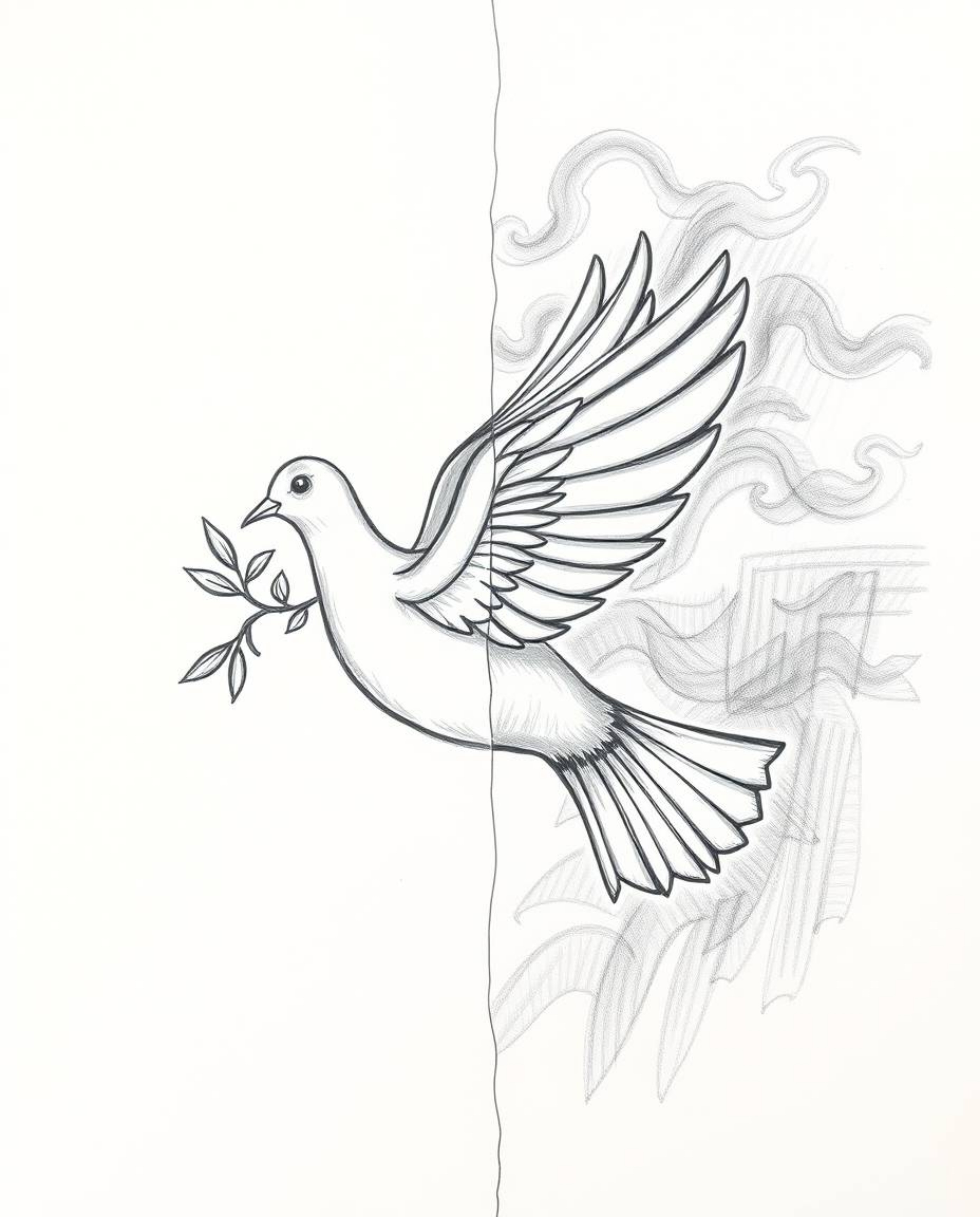 A unique split hand-drawn sketch depicts a dove carrying an olive branch amidst stormy skies.  The artwork features rough lin