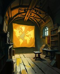 A dynamic digital sketch showcases a glowing map projected onto the walls of an old study.  Rendered in an epic scale with he