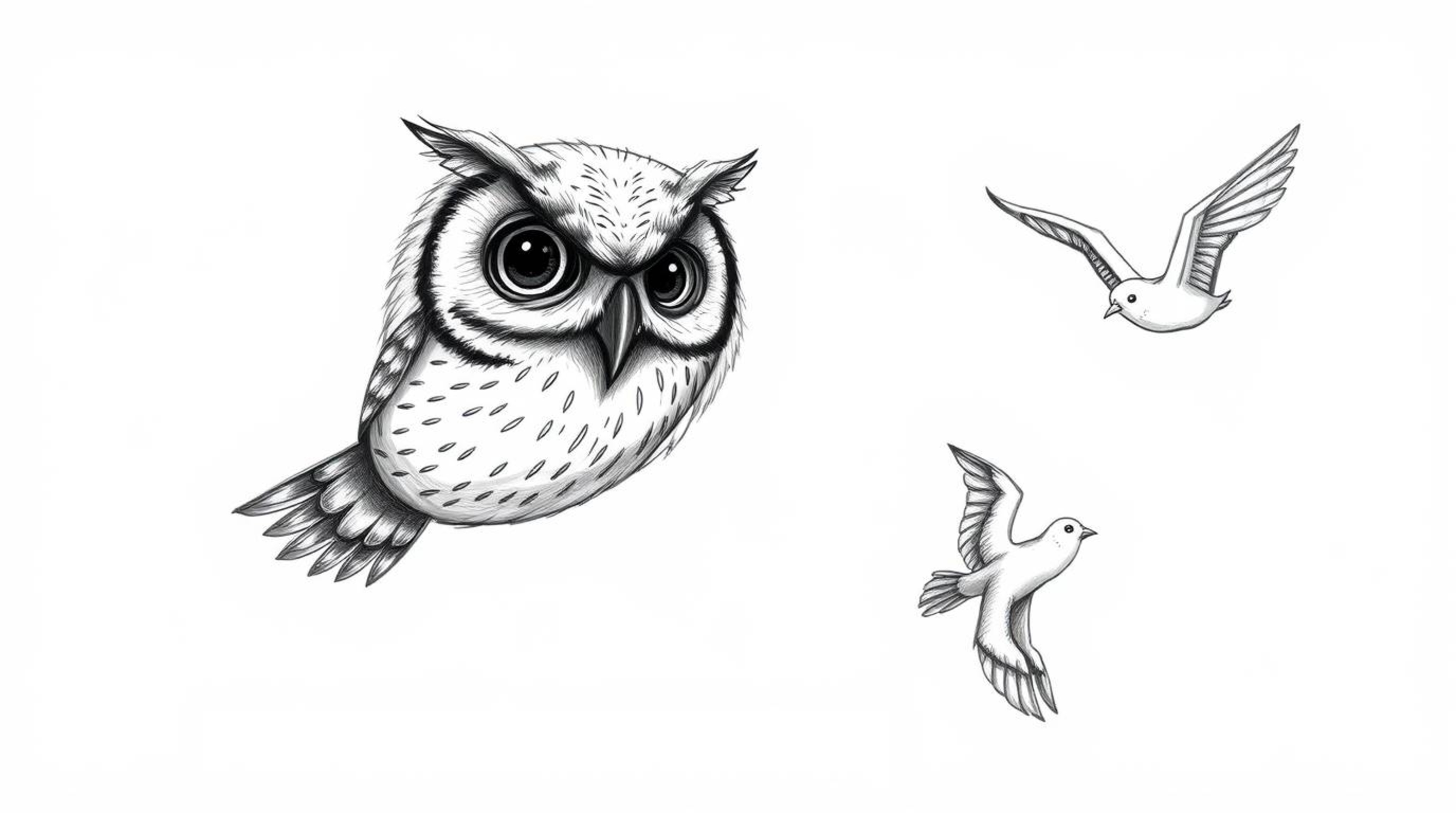A heartwarming Pixar-style hand-drawn sketch depicts a blind owl with a calm, wise expression guiding birds in flight. Render