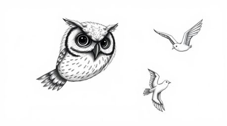 A heartwarming Pixar-style hand-drawn sketch depicts a blind owl with a calm, wise expression guiding birds in flight. Render