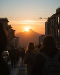 This is a candid street photograph that uniquely captures a sunset from a high alpine peak, framed within an urban setting. T
