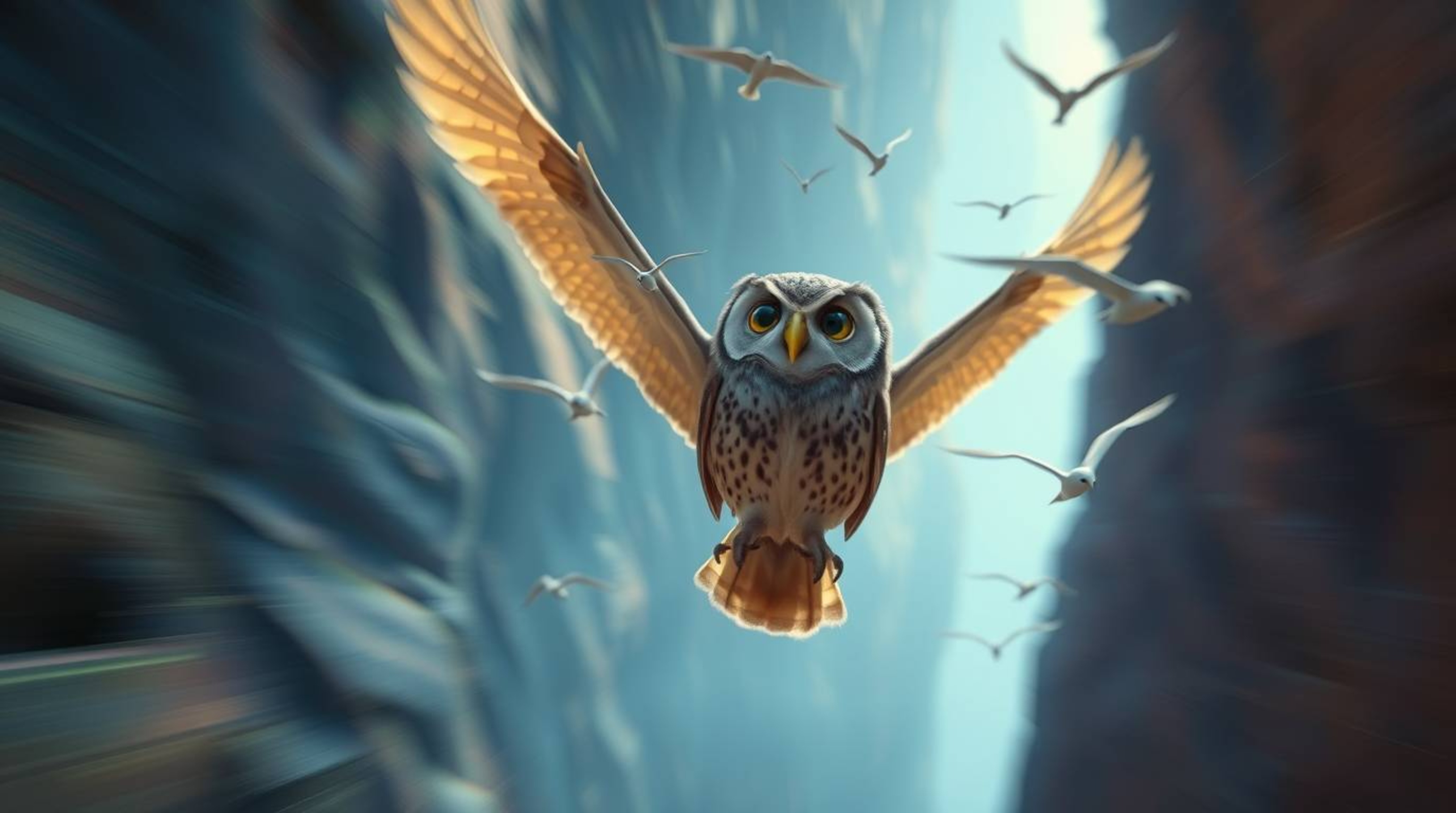 This stunning photographic image, created with a cinematic, long-exposure effect, features a blind owl rendered in the style 