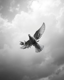Explore a timeless image featuring a black and white bird’s eye view of a dove carrying an olive branch through turbulent, st