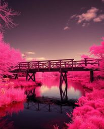 An extreme macro close-up captures the intricate details of an old wooden bridge over a river at sunset. The image is rendere