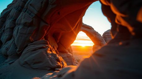 A breathtaking long exposure photograph captures the vibrant colors of a desert sunset as seen through a natural rock arch.  