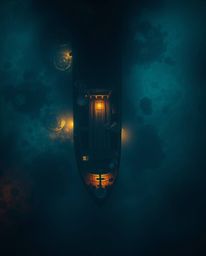An overhead bird's eye view captures a shipwreck illuminated deep underwater, revealing a mystic and enchanting environment. 