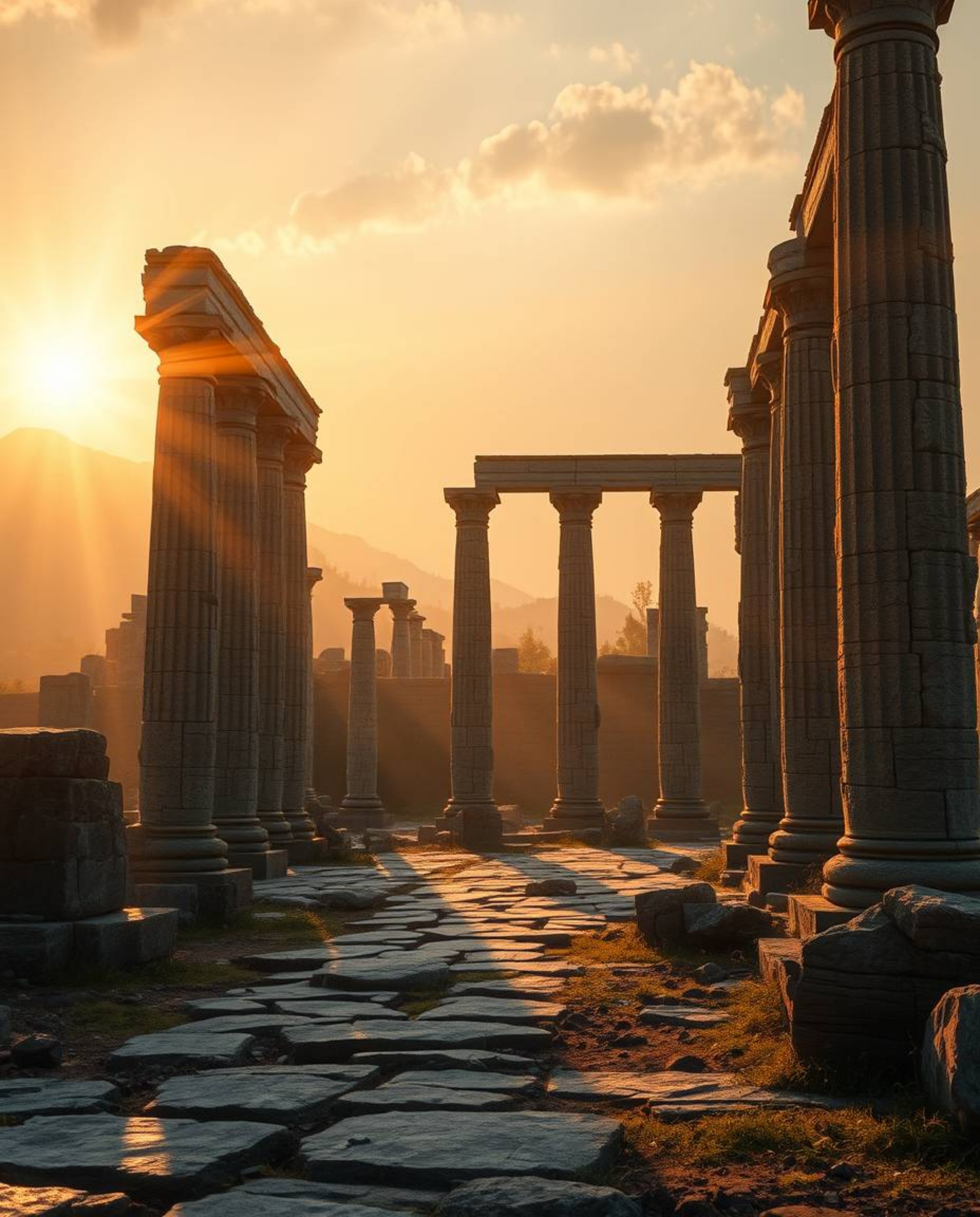 Witness an epic, cinematic scene of ancient stone ruins at sunset, bathed in soft light and featuring artistic lens flares. P