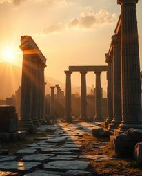 Witness an epic, cinematic scene of ancient stone ruins at sunset, bathed in soft light and featuring artistic lens flares. P